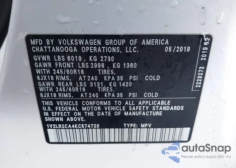 2019 Volkswagen Atlas 3.6L V6 Se z USA, uszkodzony, nr VIN 1V2LR2CA4KC574720